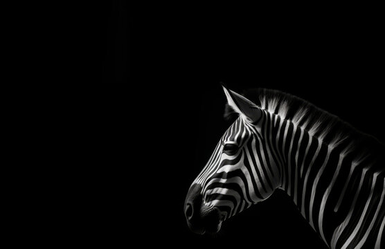 A zebra, with its distinctive stripes, is shown in a monochromatic airbrush painting on a black background.