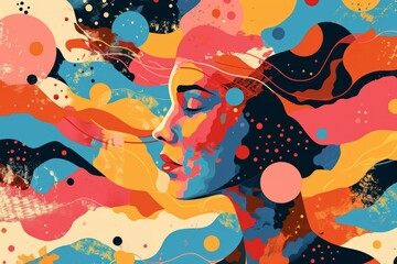 A woman's face is depicted in a colorful digital painting, submerged in vibrant oils, creating a psychedelic illustration.