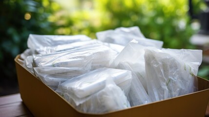 Closeup of a box of compostable trash bags, made from cornstarch and designed for easy decomposition.