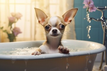 Generative AI image of chihuahua dog in the bathtub surrounded by water
