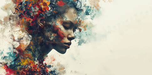 A woman, her eyes closed, is depicted in a beautiful and expressive digital painting, her face appearing to be submerged in colorful oils. - obrazy, fototapety, plakaty