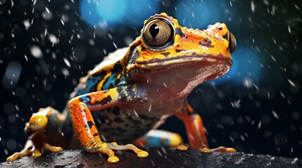 Generative AI image of yellow frog in the rain on a rock - obrazy, fototapety, plakaty
