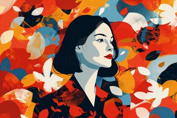 A woman stands before a vibrant array of flowers, her portrait in a colorful digital illustration.