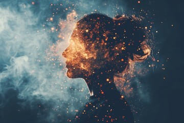 A woman stands before a cloud of smoke, her face appearing as if made of black flames and melting into the universe.