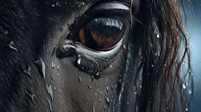 Generative AI image of closeup of half a horse face in the rain