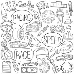 Racing Vehicles Doodle Icons Black and White Line Art. Spped Clipart Hand Drawn Symbol Design.