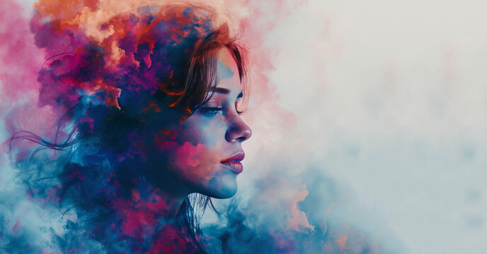 A woman's face, surrounded by colored smoke, is depicted in a vibrant digital painting with an abstract portrait style.