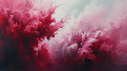 A painting depicts red and pink clouds in the sky, creating a moody atmosphere with soft red tones and a pink fog background. - obrazy, fototapety, plakaty