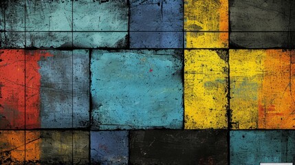A multicolored wall with a fire hydrant is depicted in an abstract painting, featuring a grungy texture and industrial colors.