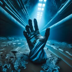 Sinister Depths: Blue Rubber Glove in the Muddy Catacombs - obrazy, fototapety, plakaty