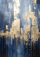 An abstract illustration of a city in gold metallic paint with blue background. 