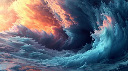 Photo sur Aluminium Ondes fractales A large wave in the middle of a body of water is depicted, its turbulent form and surreal colors creating a breathtaking seascape.