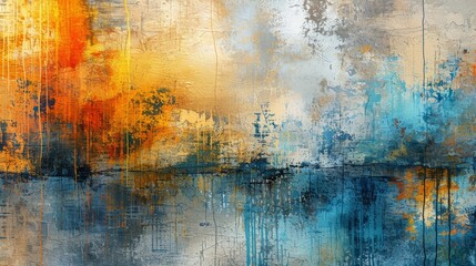 A painting depicts a sunset over a body of water, the vivid landscape in abstract art and painterly techniques. - obrazy, fototapety, plakaty