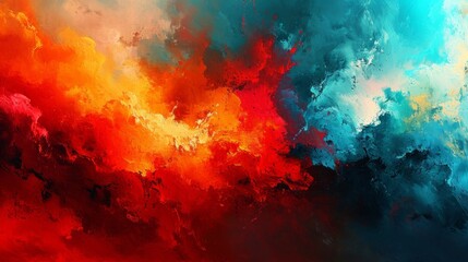 Obraz na płótnie Canvas A vibrant digital painting depicts clouds in shades of red, orange, and blue, showcasing vivid glowing colors.