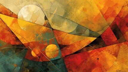 An abstract painting features warm hues of oranges and yellows, showcasing geometric art and surrealist forms.