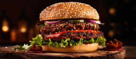 Veggie burger with sauce, on wooden surface.