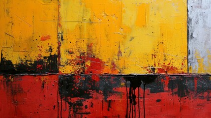 A fire hydrant sits in front of a wall painted with abstract oil on canvas in shades of yellow and red.