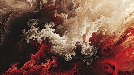 A cloud, painted in shades of red and white, swirls in a chaotic storm of liquid smoke, depicted in a fractal chaos background.