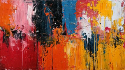 A painting showcases multiple colors of paint, presenting an abstract expressionist artwork on canvas with bold brushstrokes.