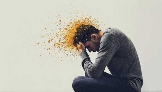 A man sits on the ground with his head in his hands, expressing emotional pain and anxiety in an artistic photo.