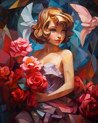 little girl with roses in cubism style art 