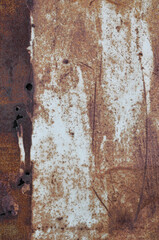 Old light blue grey painted rusty brown rustic iron metal plate background texture, vertical aged damaged weathered scratched punctured plain paint pattern, grunge textured copy space macro closeup - 703057398