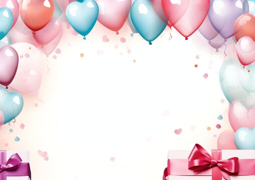 a birthday frame, balloons, presents, decoractions, vector art, a blank area to put a photo in