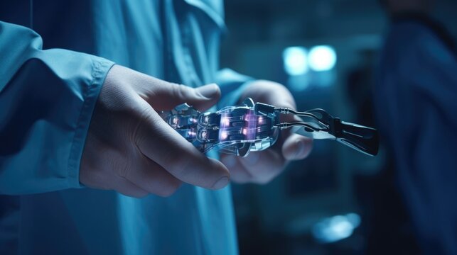 Closeup of a surgeons hand holding a specialized tool that connects to an AI system for more precise incisions.