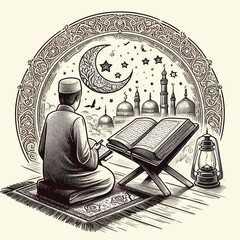 Free vector Ramadan Kareem Raise both hands and ask Allah greeting card hand draw sketch background