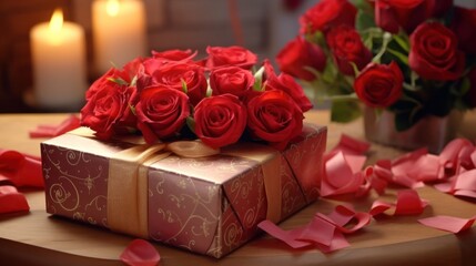 Elegant gift box surrounded by red roses and candles. Romance and celebration.