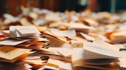 Closeup of a stack of handwritten notes, representing the resourcefulness and adaptability of teachers during times of crisis. - obrazy, fototapety, plakaty