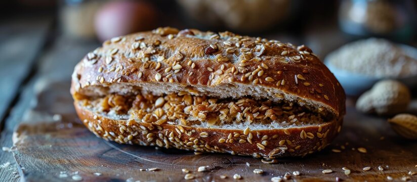 Halva Sandwich with peanuts, oats, and sesame on a fresh baked bun.