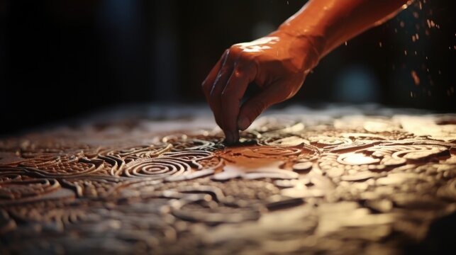 Up close view of an artists hand etching intricate patterns into a layer of wet clay, creating a textured background for a live mural.