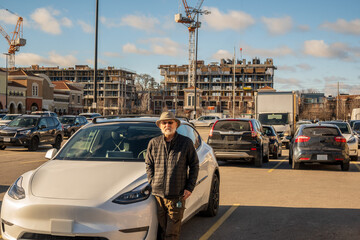 green economy: a senior citizen ( man with hat and beard) stands beside a new white electric vehicle in mall parking lot with high rise construction  in background. - obrazy, fototapety, plakaty