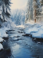 Charming winter scene of beautiful natural landscape with river, trees, tree branches and snow covered ground