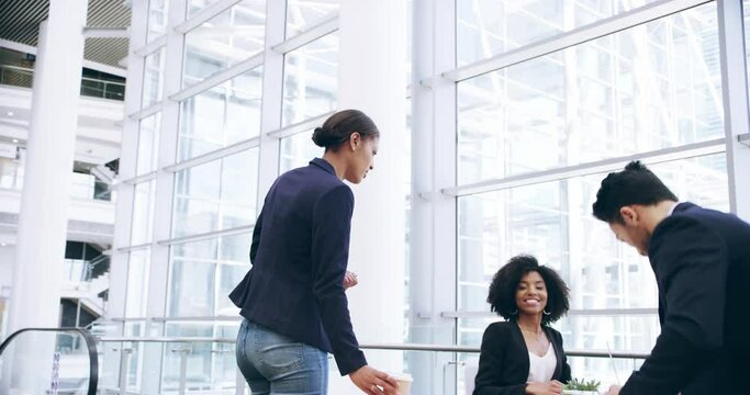 Business people, welcome and handshake in meeting at boardroom for collaboration or planning at office. Group of employees shaking hands for greeting, introduction or team discussion at workplace