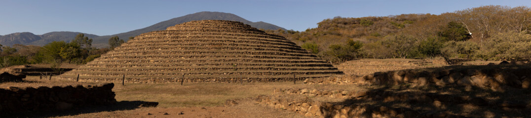 Afternoon view of the ancient circular pyramids of Guachimontones, dating back over 2300 years old, found above the city of Teuchitlán, Jalisco, Mexico.
