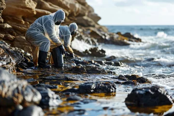 Rolgordijnen Workers in protective gear cleaning up oil spills © rufous