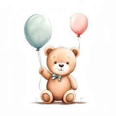 Teddy with balloons and flowers cartoon on transparent background