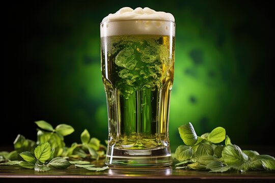 Green beer in glass. Happy St. Patrick's day