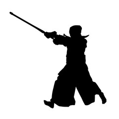 Silhouette of a sword warrior in action pose. Silhouette of a martial art person carrying sword weapon. Silhouette of kendo martial art pose.