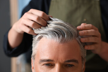 Hair styling. Professional hairdresser working with client in barbershop, closeup