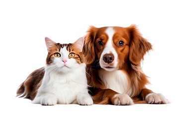 Funny dog and a cat sitting together, isolated on transparent background