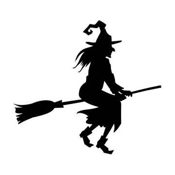 Silhouette of a female witch  ride broom