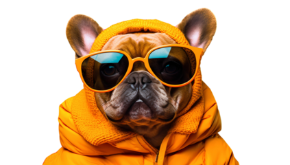 French bulldog wearing sunglasses and jacket isolated on transparent background