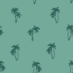 Fototapeta na wymiar Half-drop seamless repeat pattern with ditsy tonal teal green palm tree silhouettes. Men's, boys, tropical beach, shirt print and more.