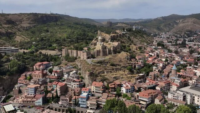 Flying Over The Historical Center Of Tbilisi And Narikala Fortress, Georgia