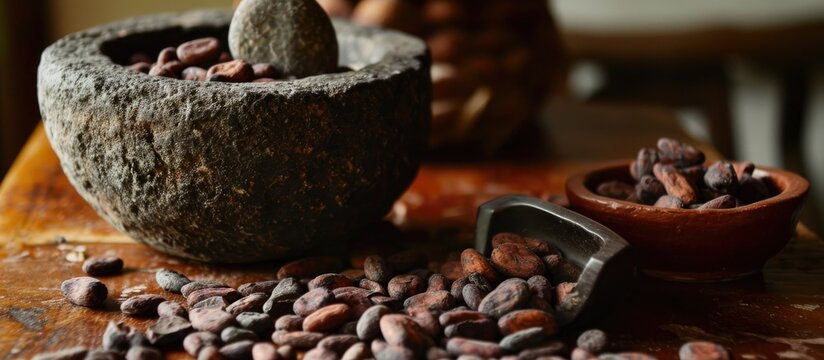 Raw cacao beans and ancient Mayan grinding stone