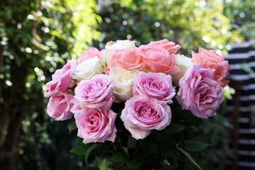 Beautiful bouquet of aromatic roses outdoors, closeup