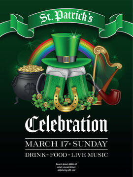 saint patrick's day poster with green beers and irish elements. st. patrick's day background 